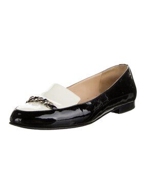 Chanel CC Logo Chain Black White Patent Leather Loafers